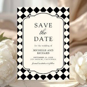 Vintage Old Money Ivory Black Checkered Wedding Save The Date