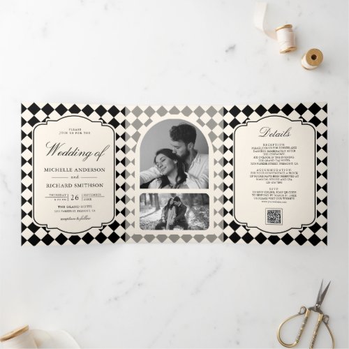 Vintage Old Money Ivory Black Checkered Wedding Tri-Fold Invitation