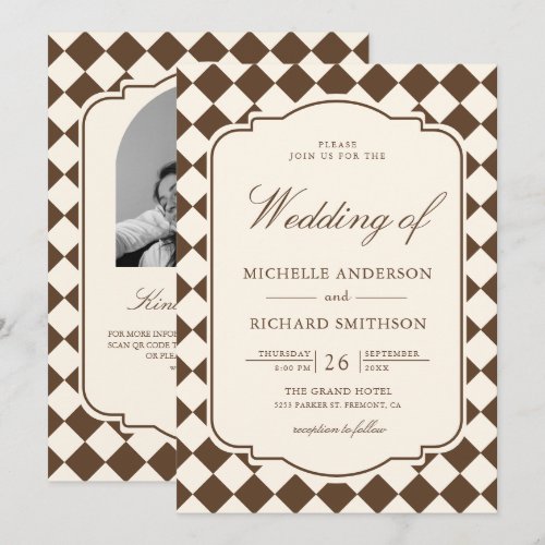 Vintage Old Money Ivory Brown Checkered Wedding Invitation