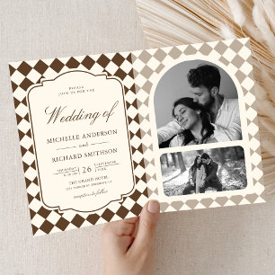 Vintage Old Money Ivory Brown Checkered Wedding Invitation
