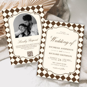 Vintage Old Money Ivory Brown Checkered Wedding Invitation