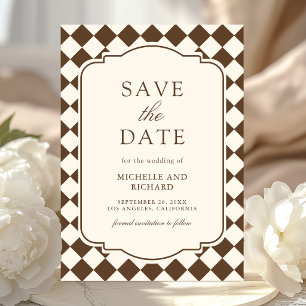 Vintage Old Money Ivory Brown Checkered Wedding Save The Date