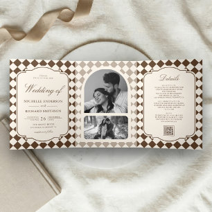 Vintage Old Money Ivory Brown Checkered Wedding Tri-Fold Invitation
