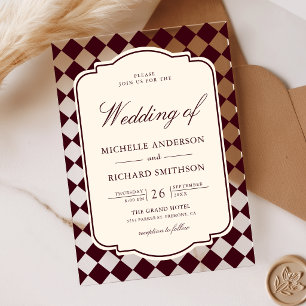 Vintage Old Money Ivory Burgundy Checkered Wedding Acrylic Invitations