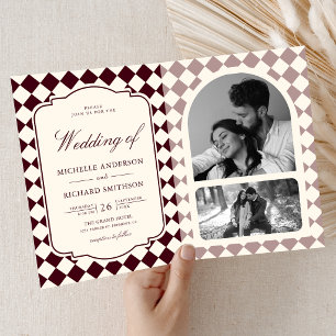 Vintage Old Money Ivory Burgundy Checkered Wedding Invitation