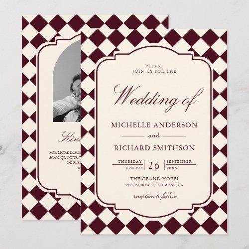 Vintage Old Money Ivory Burgundy Checkered Wedding Invitation