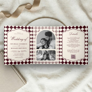Vintage Old Money Ivory Burgundy Checkered Wedding Tri-Fold Invitation