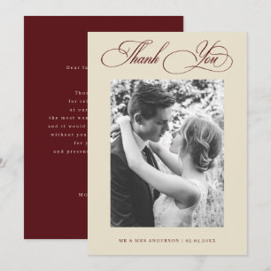 Vintage Old Money Ivory & Burgundy Photo Wedding Thank You Card