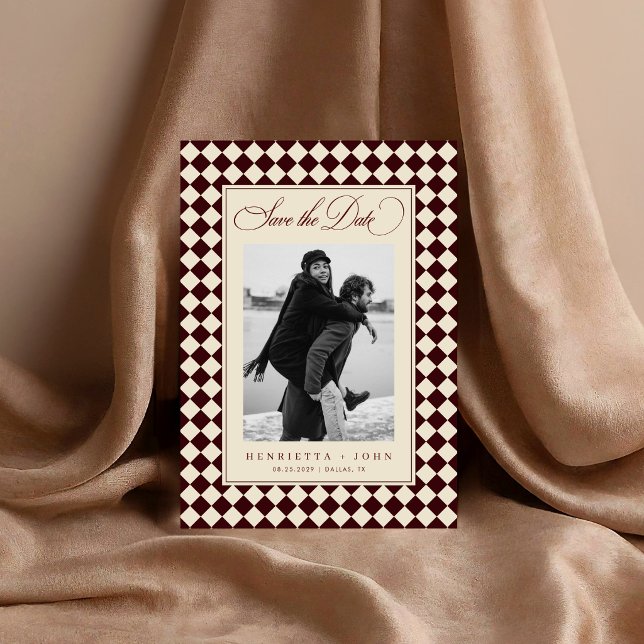 Vintage Old Money Preppy Checkered 2 Photo Wedding Save The Date (Creator Uploaded)