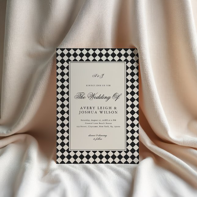 Vintage Old Money Preppy Checkered Photo Wedding Invitation (Creator Uploaded)