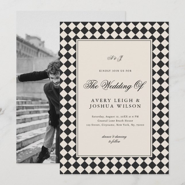Vintage Old Money Preppy Checkered Photo Wedding Invitation (Front/Back)