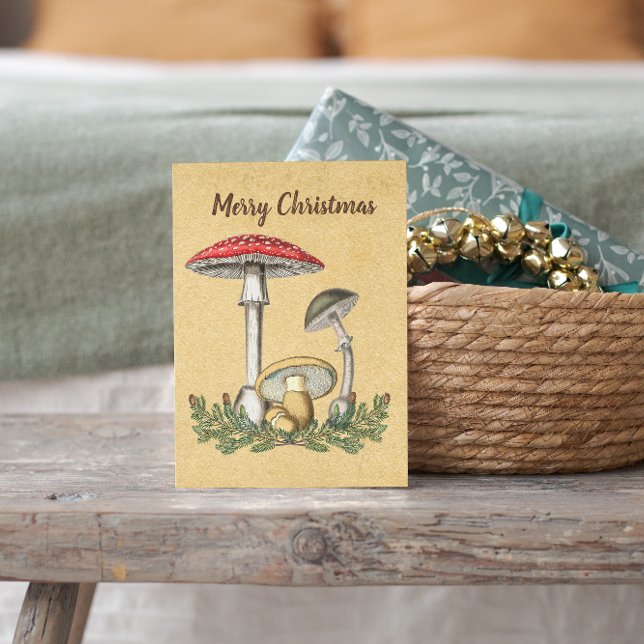 Vintage old mushrooms fungi brown christmas holiday card (Creator Uploaded)