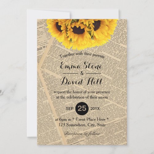 Vintage Old Newspaper Country Sunflower Wedding Invitation