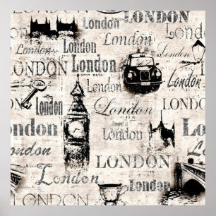 Vintage old newspaper paper London grunge collage Poster