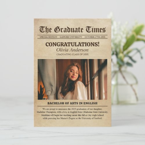 Vintage Old Newspaper Photo Graduation Announcement