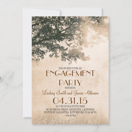 Vintage old oak tree  love birds engagement party invitation