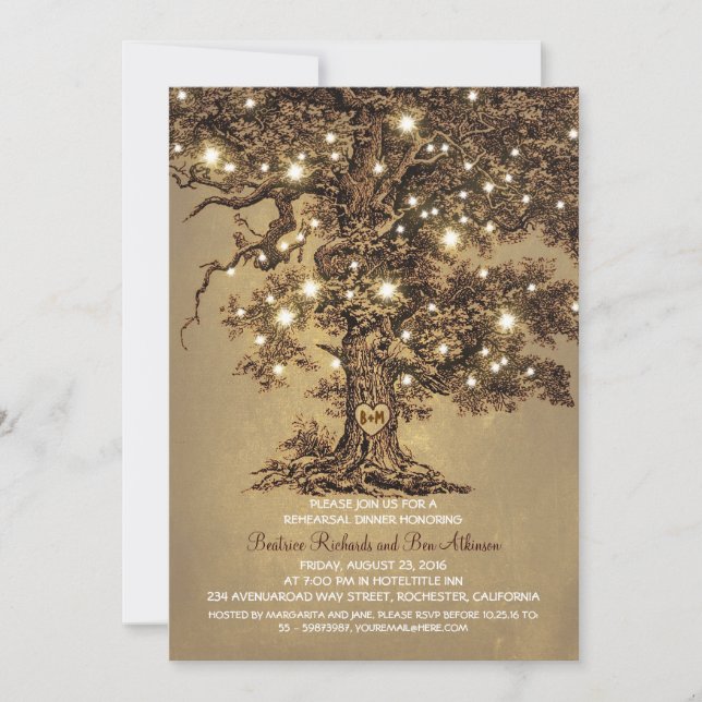 vintage old oak tree rustic rehearsal dinner invitation (Front)