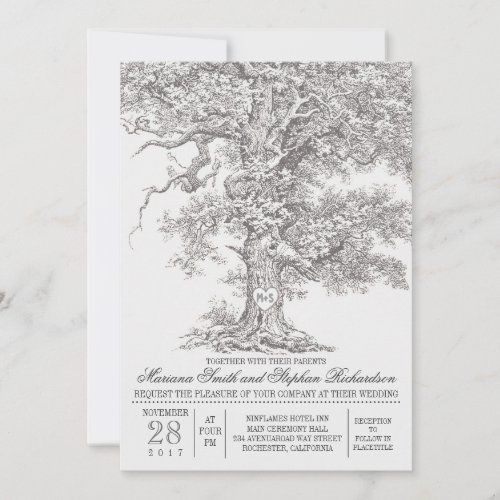 Vintage old oak tree rustic wedding invitations