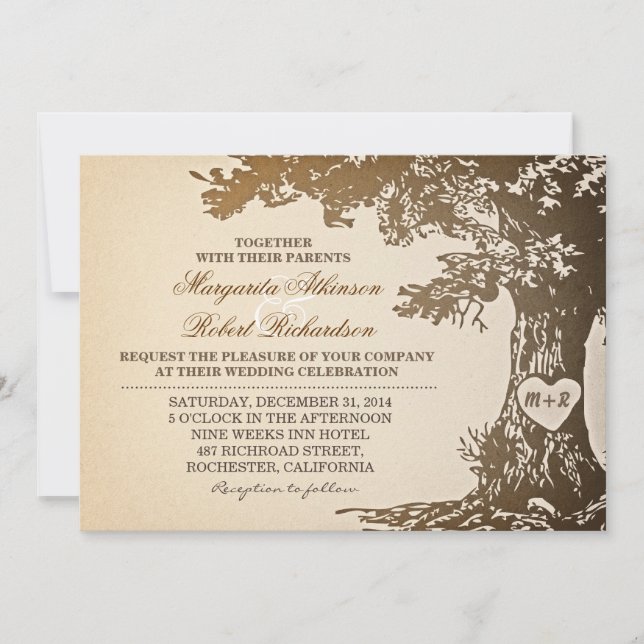 vintage old oak tree wedding invitations (Front)