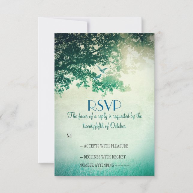 Vintage old oak tree wedding RSVP cards (Front)