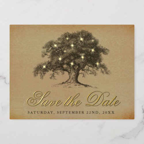 Vintage Old Oak Tree Wedding Save The Date Real Foil Invitation Postcard