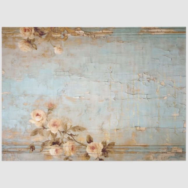 Vintage old painted wall white English roses gold Tissue Paper (Front)
