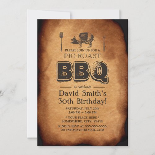 Vintage Old Paper Pig Roast BBQ Birthday Party Invitation