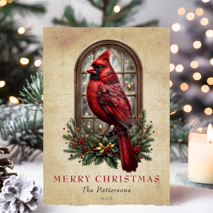 Vintage Old Paper Red Cardinal Photo Christmas Holiday Card