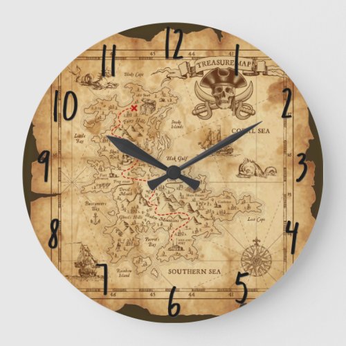 Vintage Old Pirate Treasure Map X Marks the Spot Large Clock