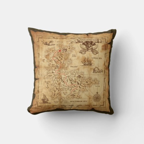 Vintage Old Pirate Treasure Map X Marks the Spot Throw Pillow