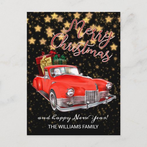 Vintage Old Red Car Merry Christmas Postcard