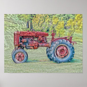 Vintage Old Red Rustic Farm Tractor Poster