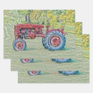 Vintage Old Red Rustic Farm Tractor Wrapping Paper Sheets