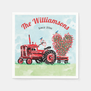 Vintage Old Red Tractor Floral Heart Add Name Napkins