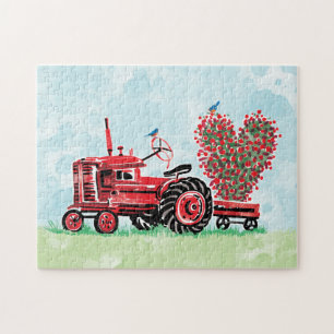 Vintage Old Red Tractor Floral Heart Jigsaw Puzzle