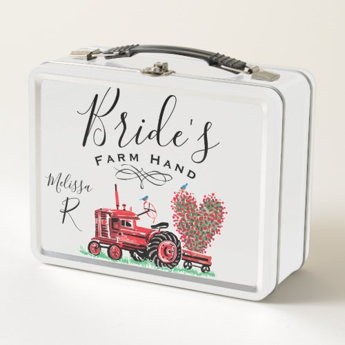 Vintage Old Red Tractor Heart Bride Farm Hand Metal Lunch Box