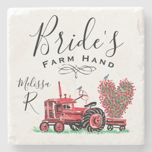 Vintage Old Red Tractor Heart Bride Farm Hand Stone Coaster