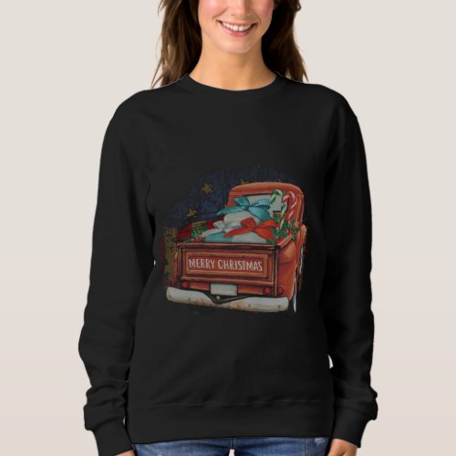 Vintage Old Red Truck Flag Merry Christmas _ Patri Sweatshirt