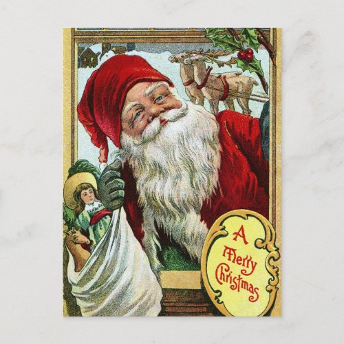 Vintage Old Santa Claus with Toys and Reindeer Postcard