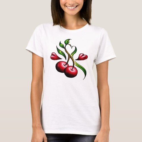 Vintage Old School Red Cherries Hearts Tattoo T_Shirt