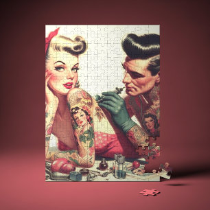 Vintage Old School Tattoo Couple Illustration Jigsaw Puzzle