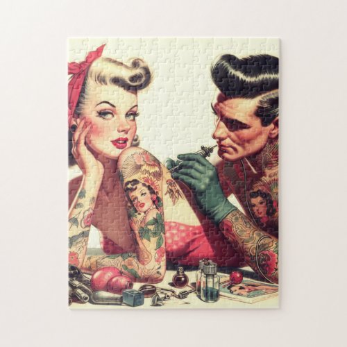 Vintage Old School Tattoo Couple Illustration Jigsaw Puzzle