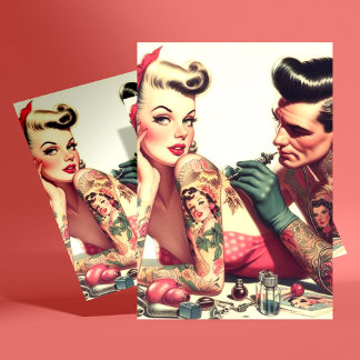 Vintage Old School Tattoo Couple Illustration Postcard