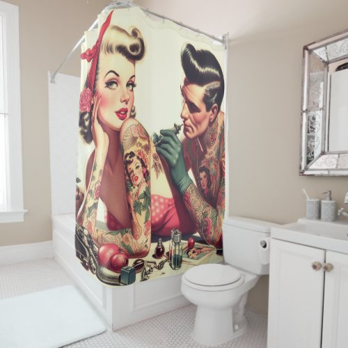 Vintage Old School Tattoo Couple Illustration Shower Curtain