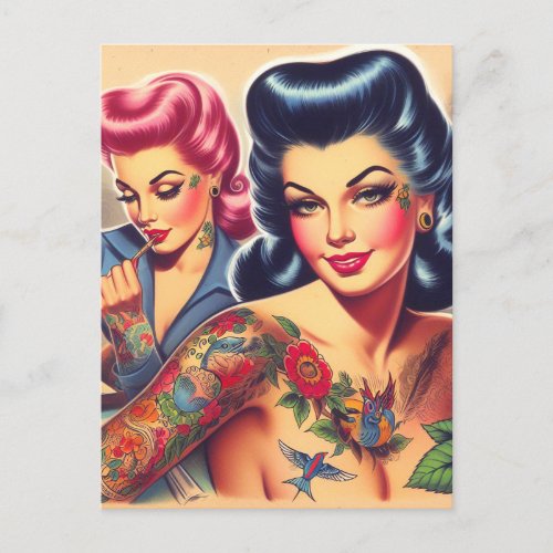 Vintage Old School Tattoo Girls Postcard