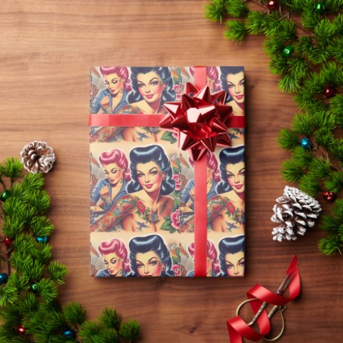 Vintage Old School Tattoo Girls Wrapping Paper