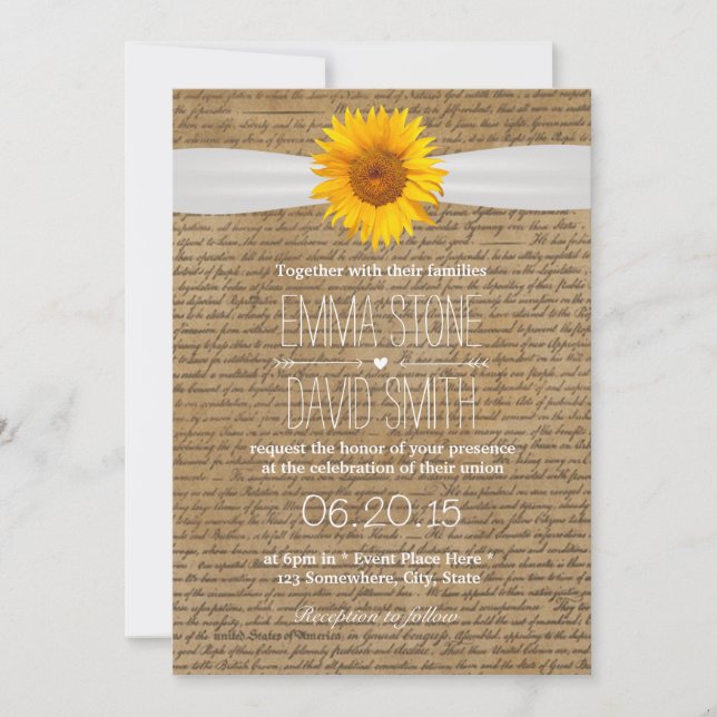 Vintage Old Scripts Sunflower Wedding Invitations (Front)