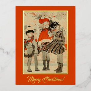 Vintage Old Time Themed Christmas Winter Children Foil Holiday Postcard