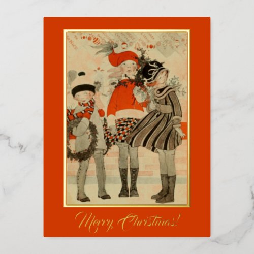Vintage Old Time Themed Christmas Winter Children Foil Holiday Postcard