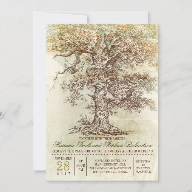 Vintage old tree rustic wedding invitation (Front)